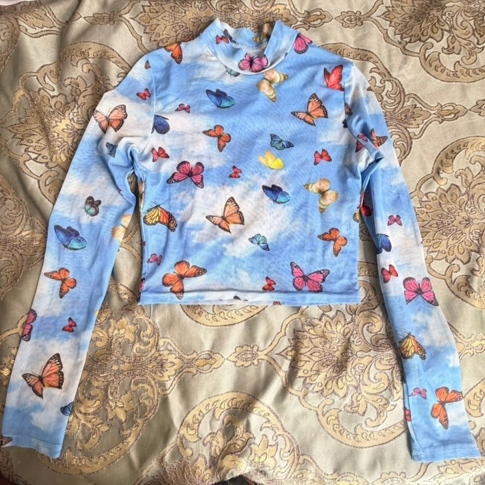 Blue Sky Butterfly Print Mesh Mock Neck Long Sleeve Crop Top Y2K Aesthetic